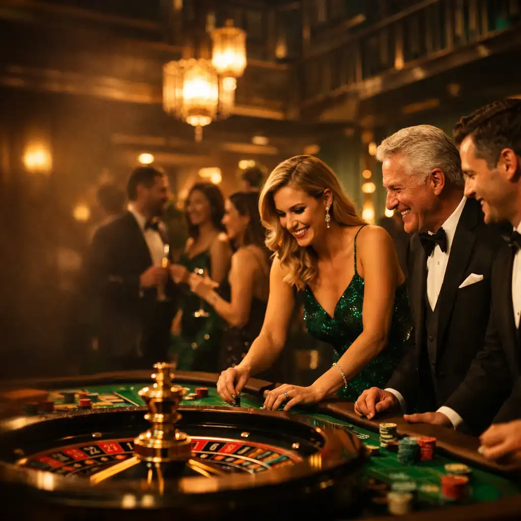 Elegancki event kasynowy z gośćmi przy ruletce